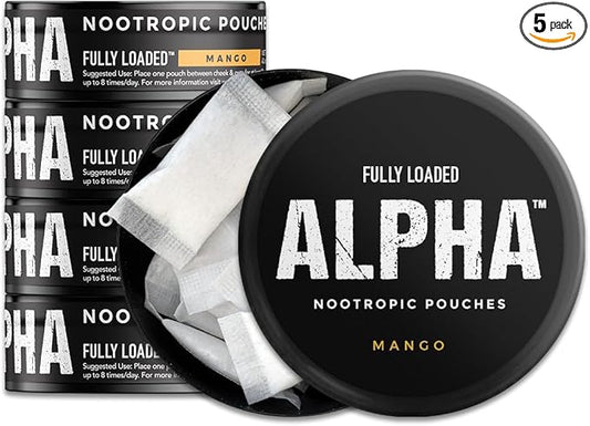 Fully Loaded Alpha Nootropic Pouches (Mango) - 5 Cans - 15 Pouches per can -Effective Nootropic Delivery, Nic Pouch Replacement - Faster Absorption, Alpha GPC, L-Tyrosine, GABA