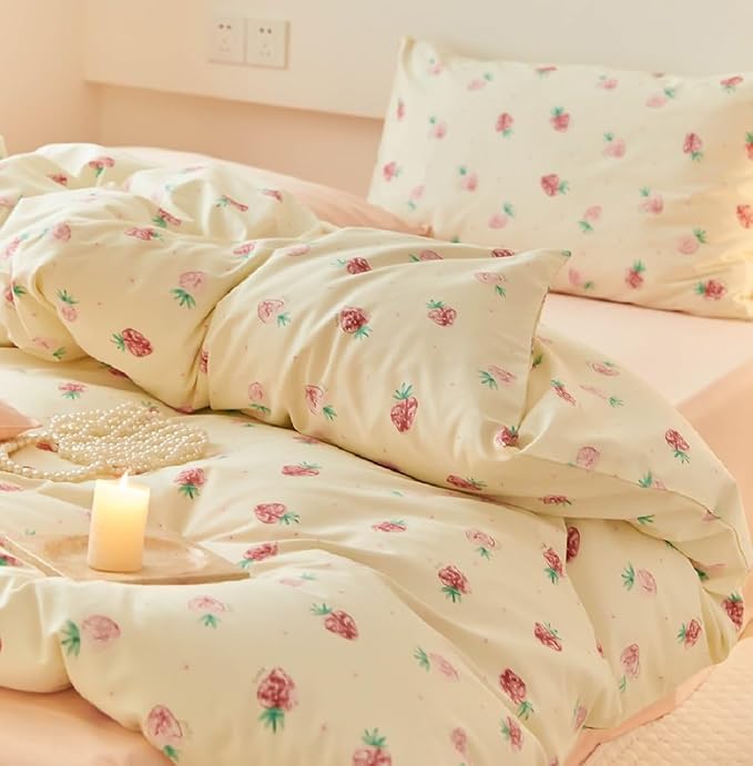 Nayoroom Strawberry Duvet Cover Set Queen Size Girls Cute Pink Strawberries - Image 2