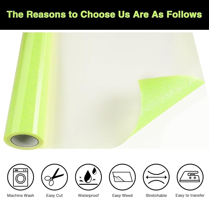 Neon Yellow Glitter HTV Heat Transfer Vinyl Roll 12inch x 20 ft - Image 3