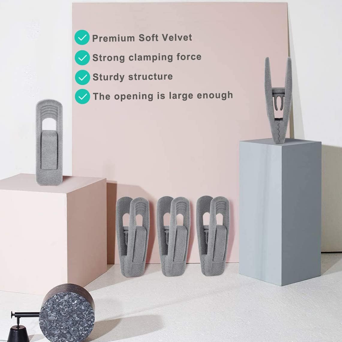 Grey Velvet Hangers Clips (50-Pack), Non-Slip Velvet Skirt Hanger Clips for Velvet Hangers, Strong Finger Clips Perfect for Kids Velvet Hangers Skirt Pant Clothes Gray Velvet Hangers