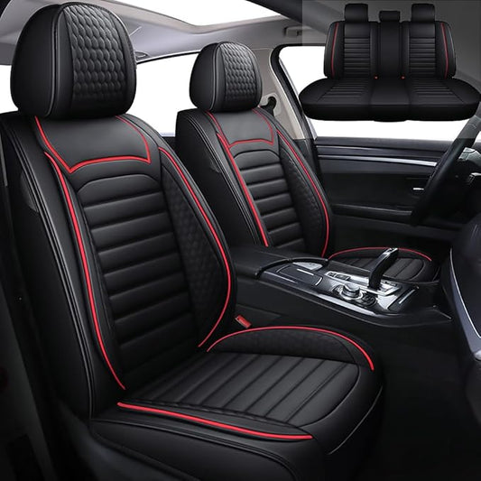 Leather Car Seat Covers for Toyota Corolla 2006-2024,Car Seat Covers Full Set,Seat Covers with Safety,Waterproof Seat Cover Compatible Airbag(5pcs Black&Red Standard)