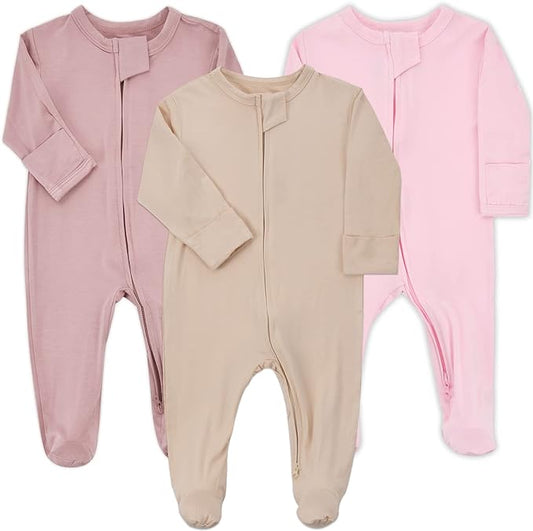 Aablexema Baby Zipper Pajamas Bamboo Rayon, 3pcs Unisex Infant Onesie with Mitten Long Sleeve Footed Pjs
