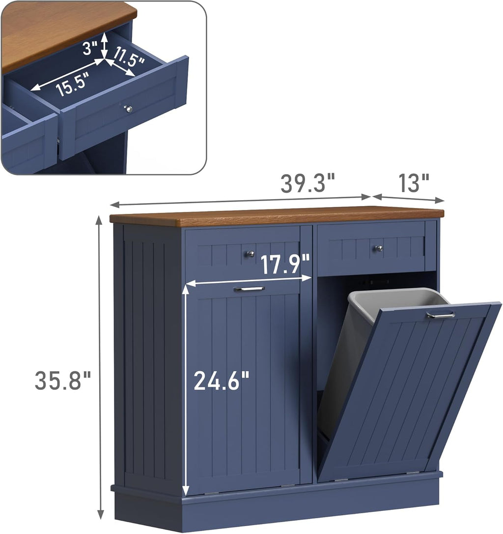 Betterhood Tilt Out Trash Cabinet 10 Gallon Wooden Free Standing Laundry Sorter Cabine,Recycling Cabine with Hideaway Drawer,Tilt Out Trash Cabinet Can Bin Kitchen