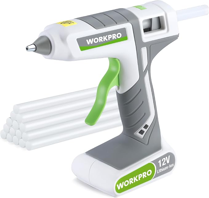 WORKPRO Full Size Cordless Hot Melt Glue Gun - 12V Rechargeable Fast Preheating by WORKPRO