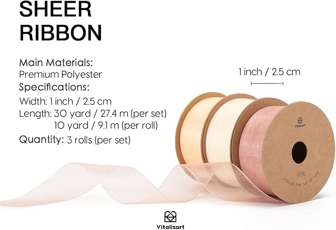 Vitalizart Cream & Rose Gold Organza Sheer Ribbon 1 inch x 30Yd Pink Ribbon - Image 2