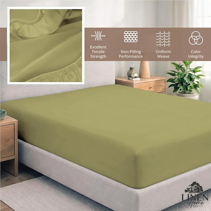 Linen Home 100% Cotton Percale Weave Fitted Sheet, Full Size, Oil Green - Image 5