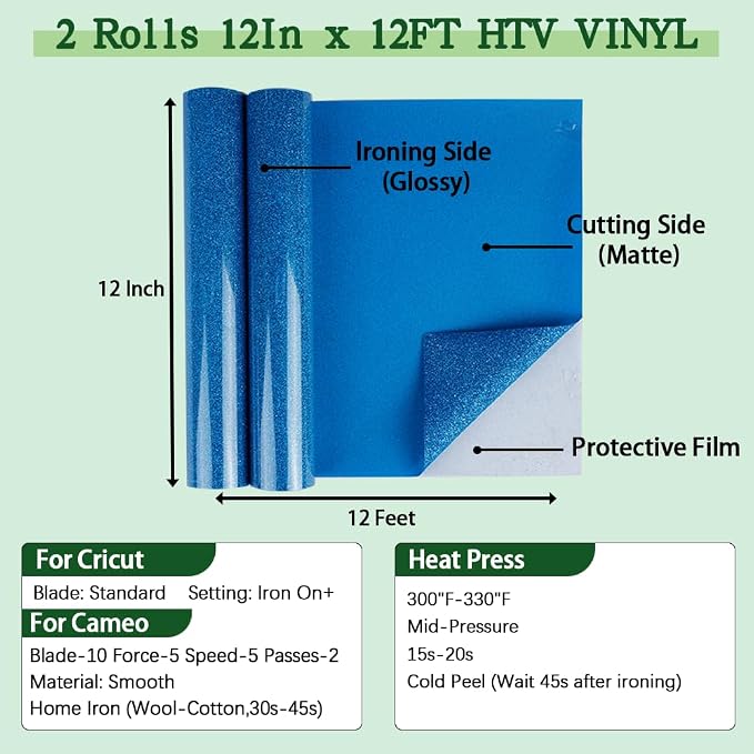 guangyintong Glitter Sky Blue Heat Transfer Vinyl HTV Rolls, 2 Rolls 12" x 12ft - Image 2