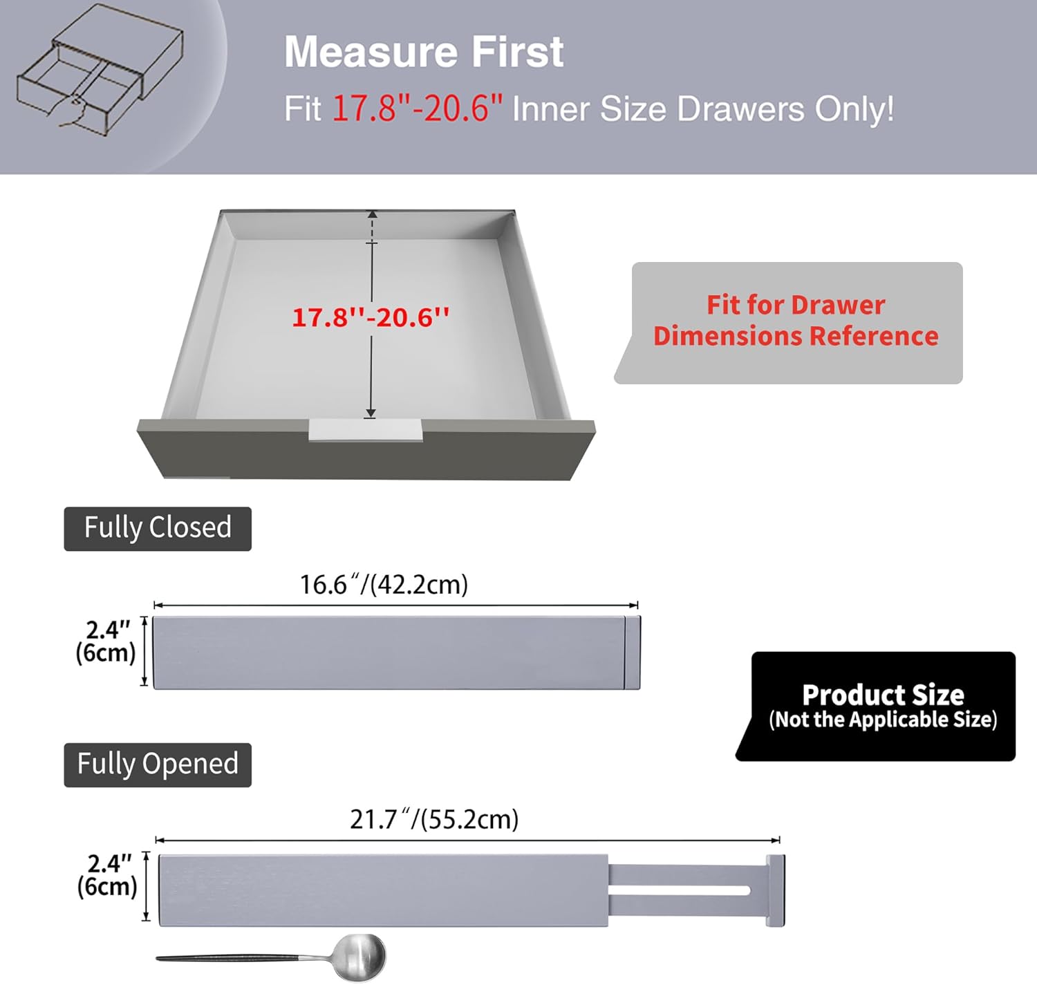Utoplike Bamboo Drawer Dividers Large, Gray Kitchen Drawer Organizers Adjustable, Spring Loaded, Works in Dresser, Bathroom, Bedroom, Desk, 4 pcs, 2.4" H