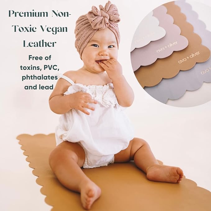 Ava + Oliver Vegan Leather Baby Changing Mat (16 X 30 in) - Multipurpose Wipeable and Portable Diaper Mat - Foldable for Travel (Cream Scallop)