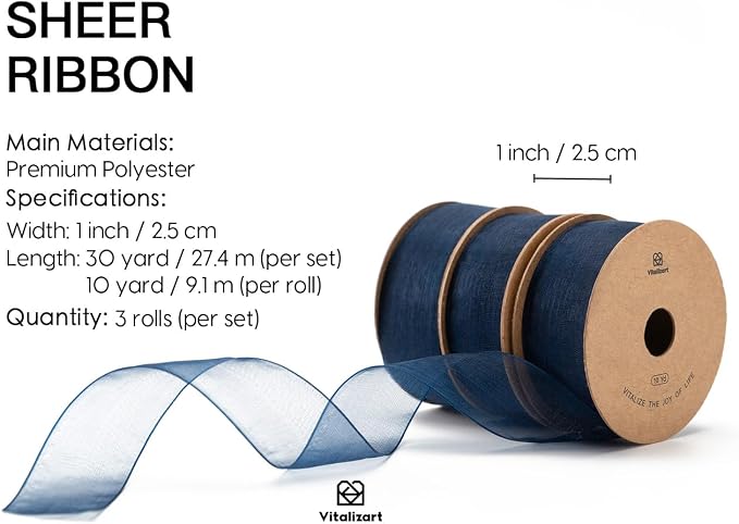 Vitalizart Navy Blue Ribbon Organza Sheer Ribbon 1 inch x 30 Yd in Total - Image 2