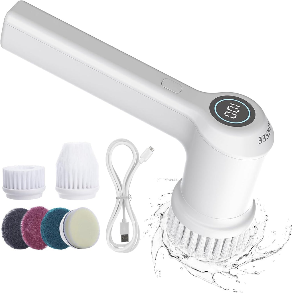 AIRSEE Cordless Electric Spin Scrubber, Handheld Power Shower Cleaner Brush, 2 speeds, 6 Replaceable Brush Heads for Cleaning Floor, Window, Bathroom, Kitchen, for Elderly & Busy Family
