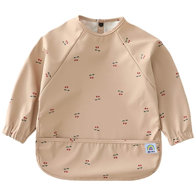 ARI MES Long Sleeves Waterproof Baby Bibs for Eating - Cherries, Small - Wearable, Coverall for Toddler, Long Sleeve Bib, Smock Apron for Feeding - Applicable for 6-72 Months