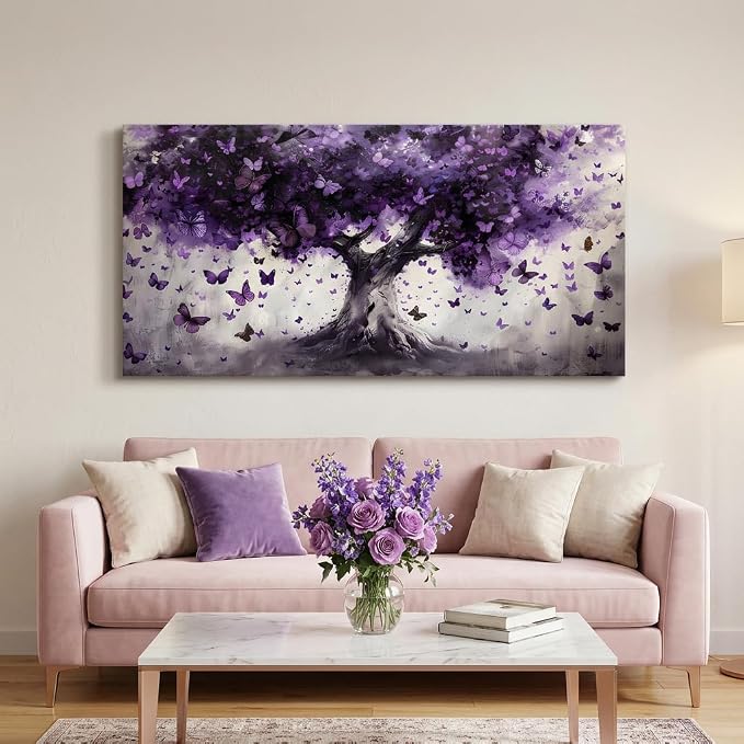 ZESTRILIA Dreamy Purple Butterflies Tree Canvas Wall Art, Enchanted Mystical - Image 4