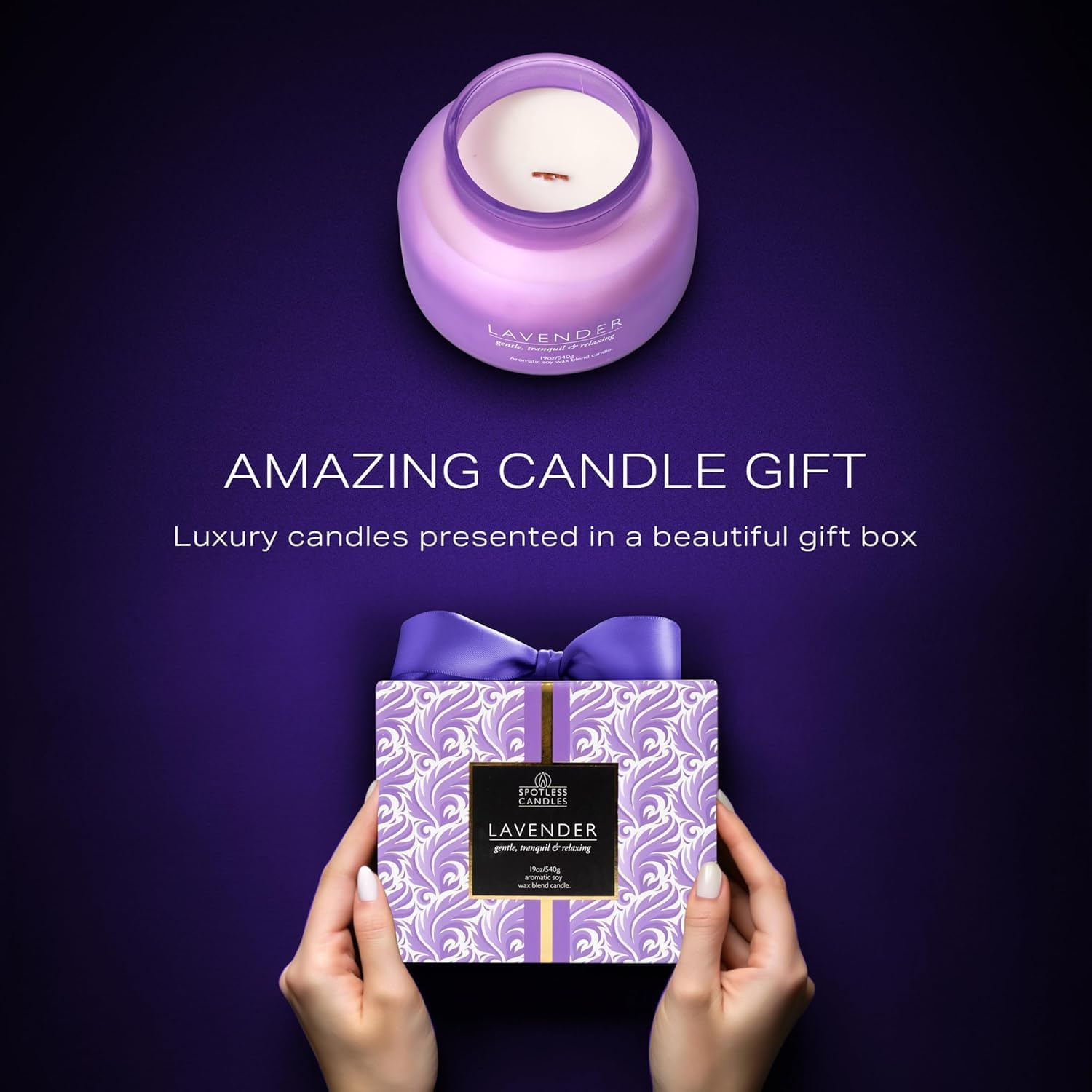 Lavender Candle 19oz Volcano Jar with Wooden Wick Upto 75 Hours Burn Time in a Large 4" x 5" Solid Purple Glass Jar in a Luxury Gold Foil Gift Box