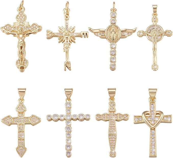 Cheriswelry 8Pcs Cubic Zirconia Cross Charms Real 16K Gold Plated CZ Micro Pave by Cheriswelry