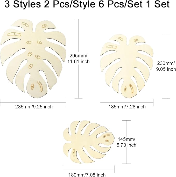 6 pcs 3 Styles Monstera Leaf Theme Unfinished Wood Cutout Charms Tropical Plant - Image 2