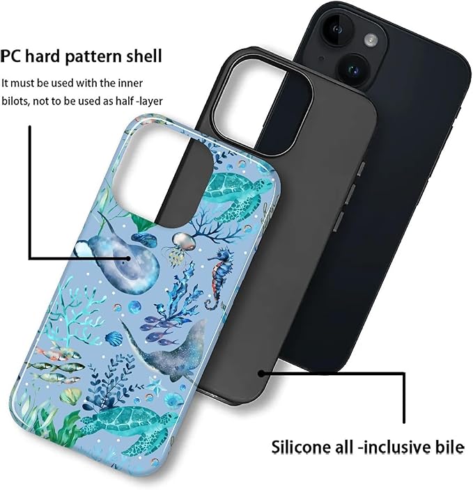 ZHEGAILIAN Case for iPhone 14 Plus, Ocean Stingray Turtle Seahorse Durable - Image 2