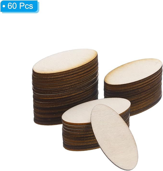 PATIKIL 40x20x1.7mm Wood Pieces, 60 Pack Unfinished Oval Wood Shapes Blank - Image 3