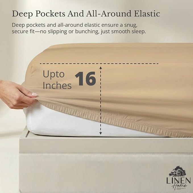 Linen Home 100% Cotton Percale Weave Fitted Sheet, Twin Size, Light Taupe - Image 2
