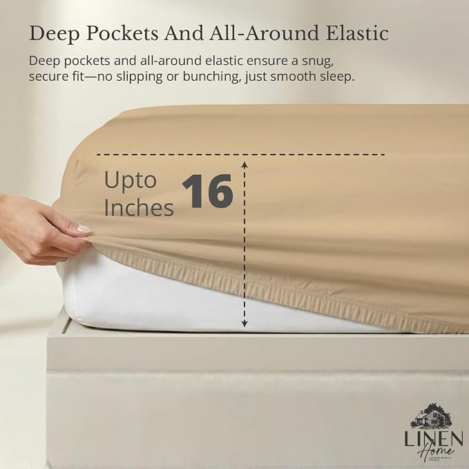 Linen Home 100% Cotton Percale Weave Fitted Sheet, Full Size, Light Taupe - Image 2