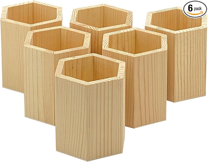 Cregugua 6 Pieces 4 Inch Wooden Pen Holder Hexagon shaped Unfinished Wood by Cregugua
