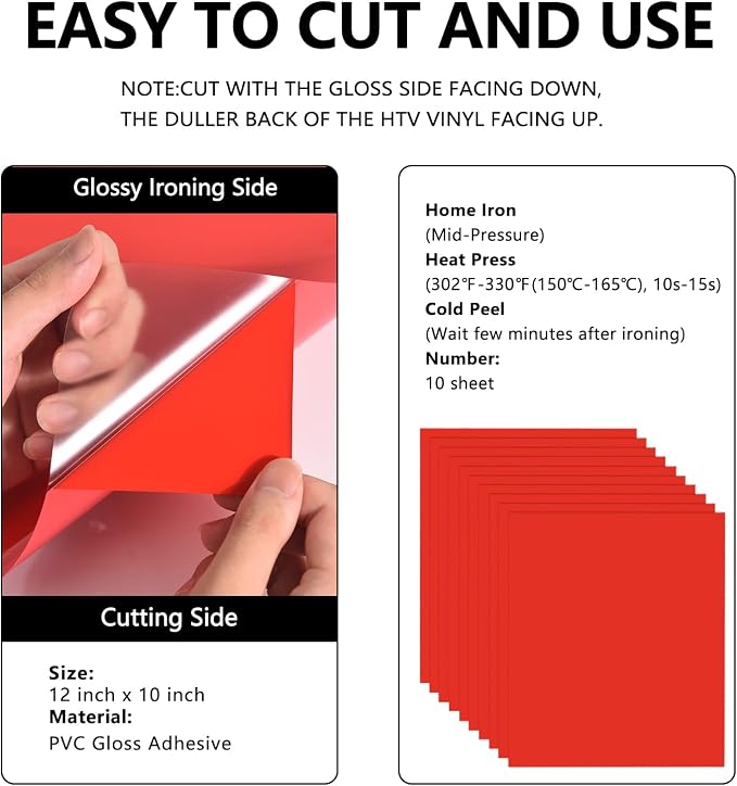 FUNKAKA Red HTV Heat Transfer Vinyl Bundle, 10 Sheets Sticky HTV Vinyl - Image 2