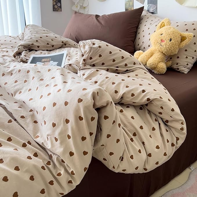 Nayoroom Brown Heart Duvet Cover Queen Size Vintage Hearts Printed on Taupe - Image 2