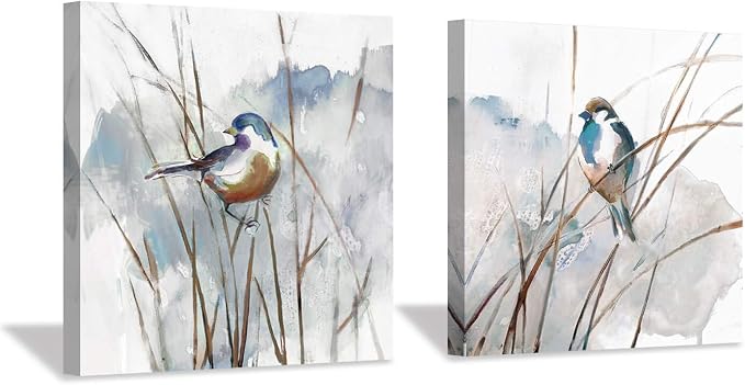 Abstract Picture Bird Wall Art: Animal Birds on Reed Watercolor Artwork Prints by HardyGallery