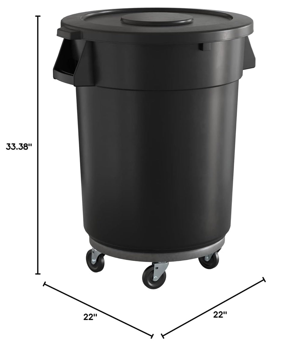 32 Gallon Black Round Commercial Trash Can with Lid and Dolly