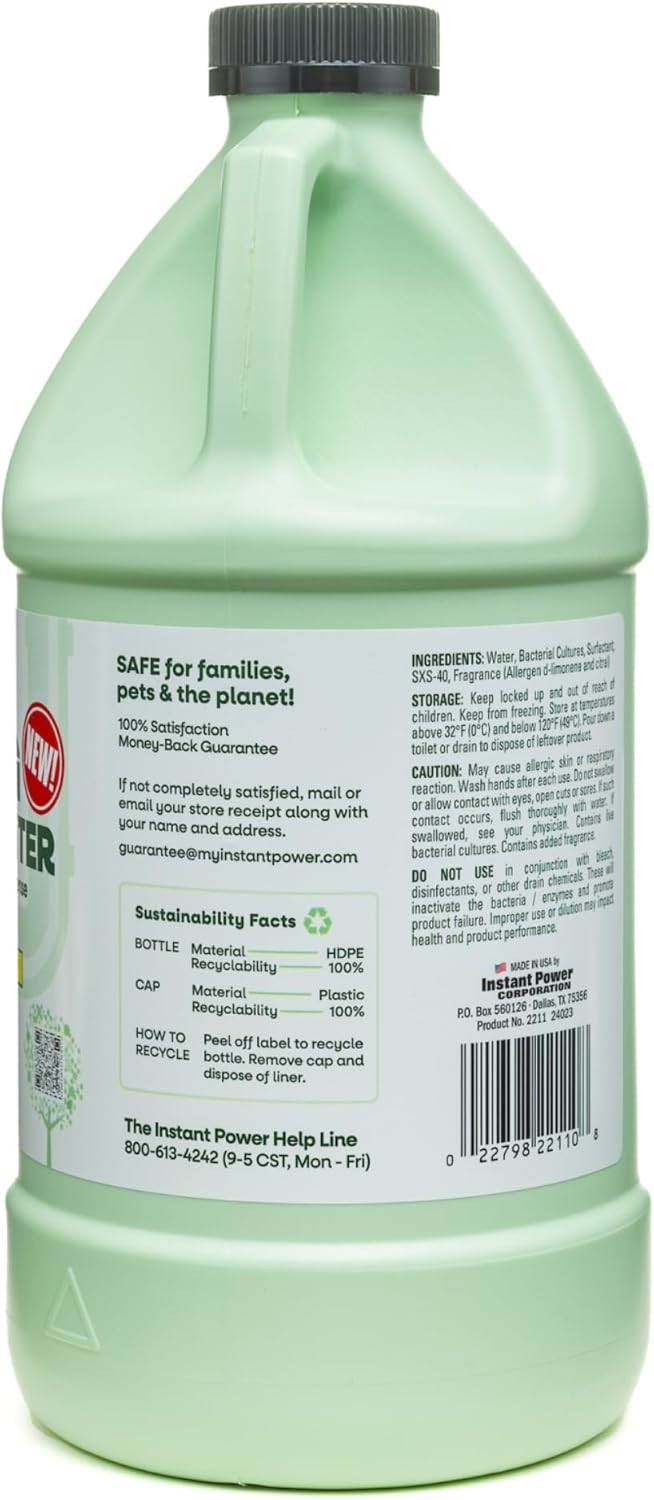 Instant Power Eco Clog Preventer - Enzyme Drain Cleaner Liquid and Deodorizer for Sink, Shower, Toilet, Garbage Disposal Cleaner, Bio-Based Drain Defense, Smell Remover and Odor Eliminator - 2 Liters