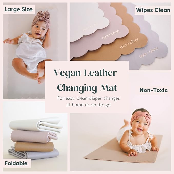 Ava + Oliver Vegan Leather Baby Changing Mat (16 X 30 in) - Multipurpose Wipeable and Portable Diaper Changing Pad - Foldable for Travel (Grey Scallop)