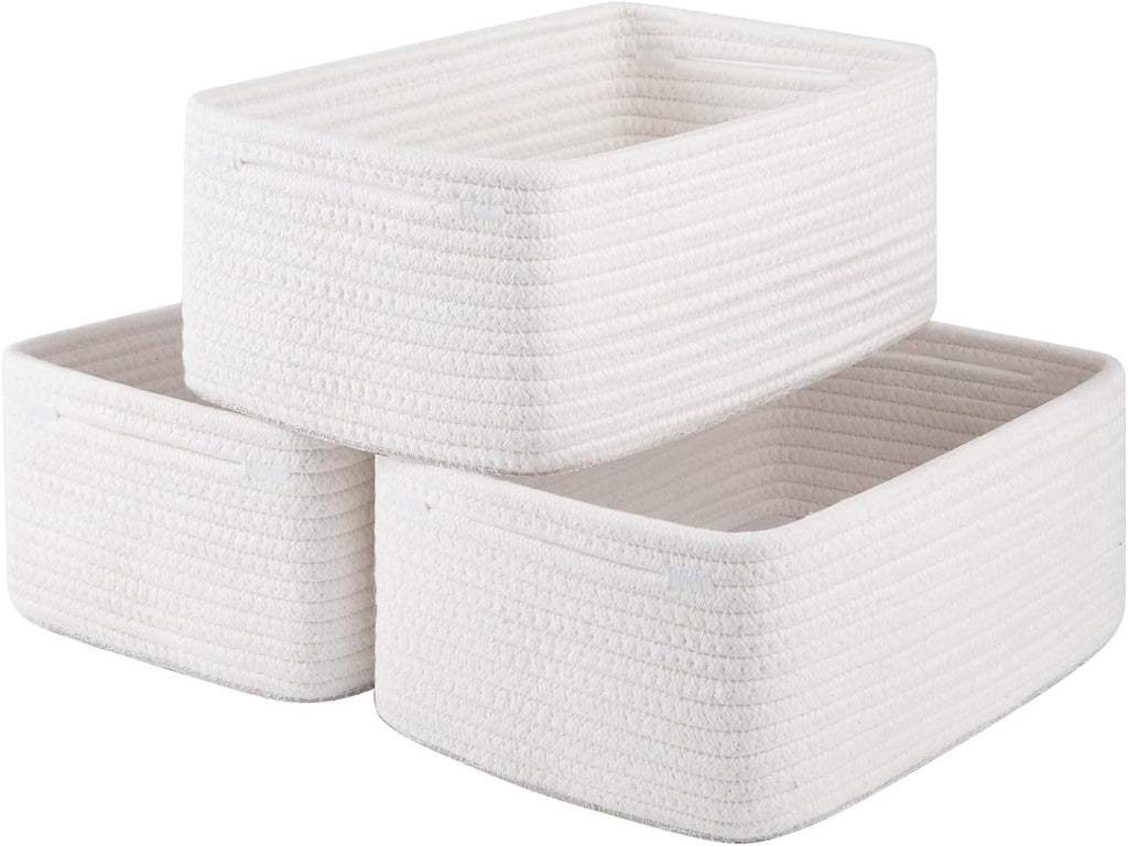 3 Pack Small Storage Baskets for Organizing, Cute Woven Decorative Gift Baskets for Shelves, Mini Closet Organizer Bins with Handles, 11.81''Lx7.87''Wx4.72''H-White