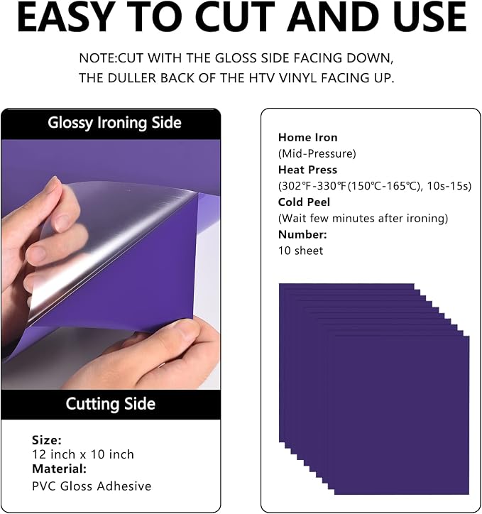 FUNKAKA Purple HTV Heat Transfer Vinyl Bundle, 10 Sheets Sticky HTV Vinyl - Image 2