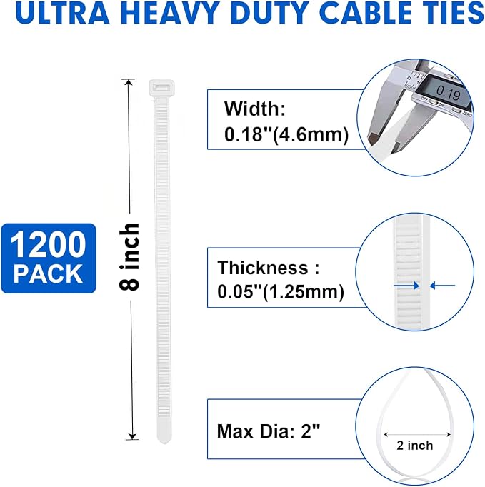 Zip Ties, RAZCC 1200pcs Cable Zip Ties 8 Inch, Heavy Duty White Plastic Wire - Image 2