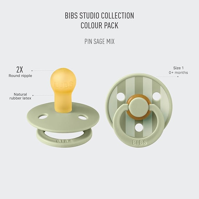 BIBS Pacifiers - Studio 2 Pack | Round Nipple Baby Pacifier | BPA Free Natural Rubber Latex Soother | Made in Denmark | Size 0+ Months | Pin Sage