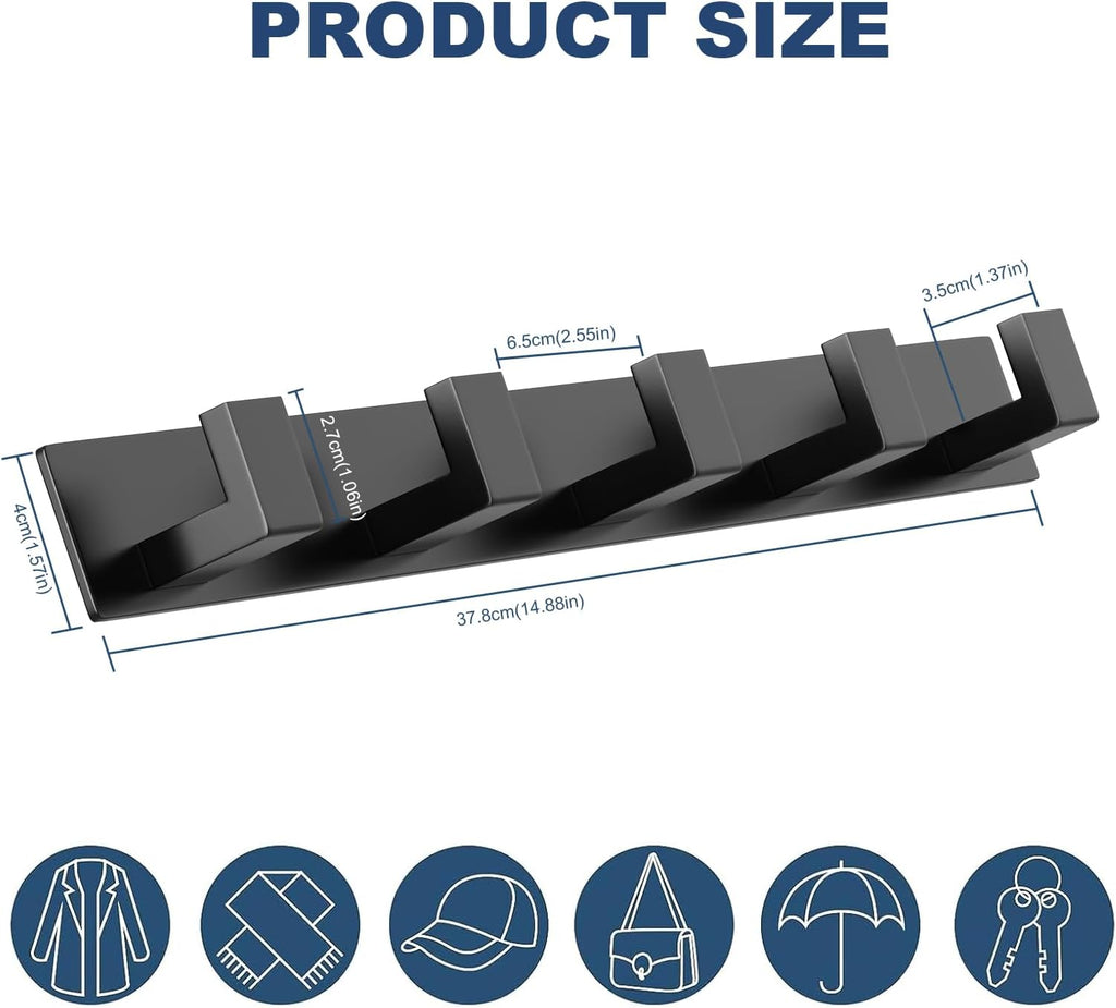 PMMASTO Coat Rack Wall Mount, Coat Hooks Wall Hooks for Hanging, Stainless Steel Coat Hanger Towel Hooks for Bathrooms, Hat Rack (Black 5 Hooks, 1 Pack)