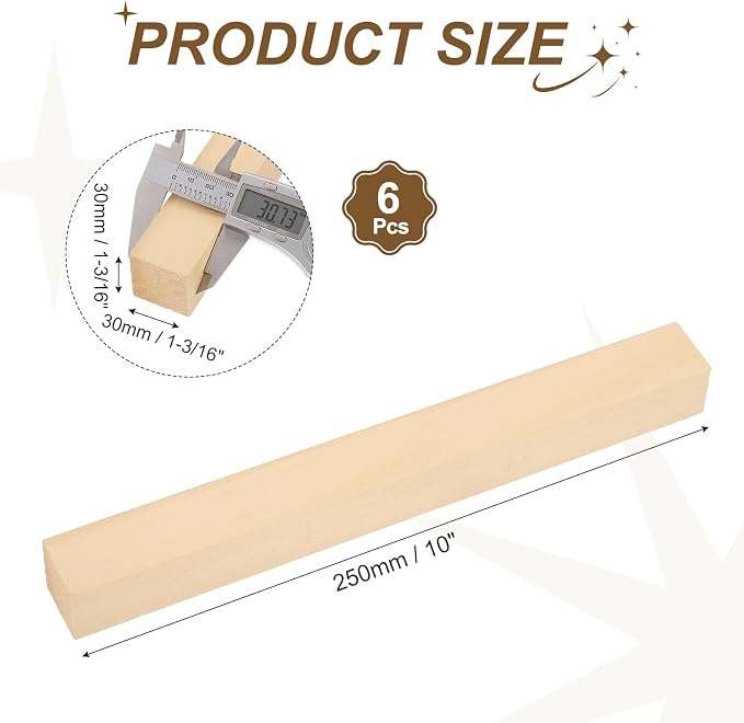MECCANIXITY 6Pcs Basswood Sticks, 1.2" x 1.2" x 10" Square Wooden Dowel Rods - Image 2