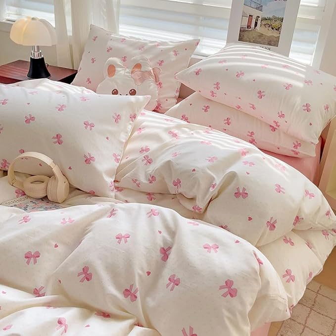 Nayoroom Pink Bow Duvet Cover Queen Size Heart Bows Printed Coquette Bedding - Image 6