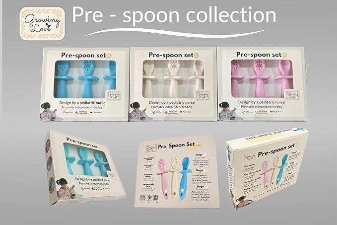 Growing Love Baby Spoons Set, Self Feeding 6 months, Pre-Spoon, Baby utensils, training spoon, cuchara bebe, blw, 100% silicone, Anti choke shield