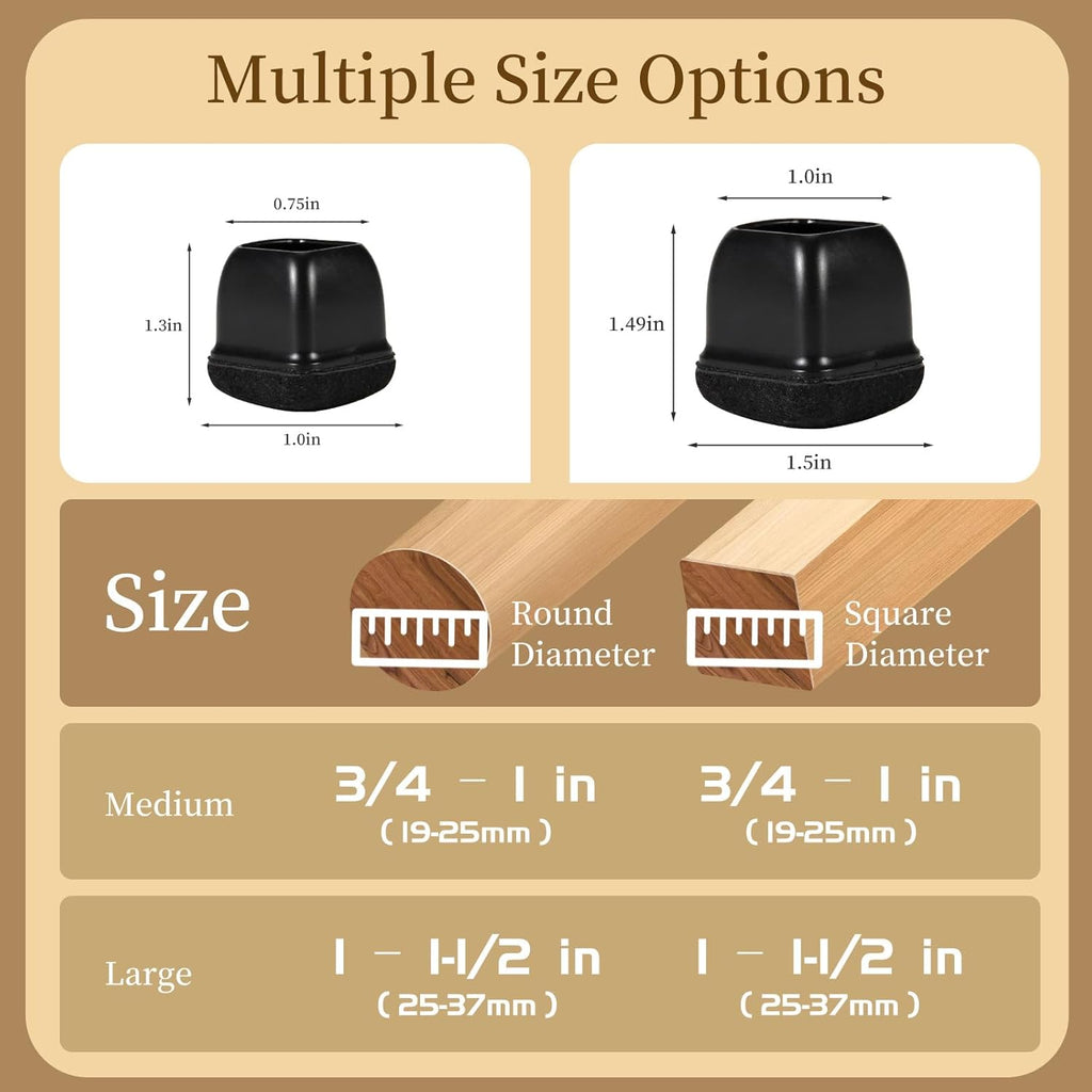Square Chair Leg Floor Protectors Large 24Pcs,Silicone Chair Leg Protectors for Hardwood Floors/Tiles,Black 360°Wrapped Felt Bottom to Prevent Scratch and Reduce Noise