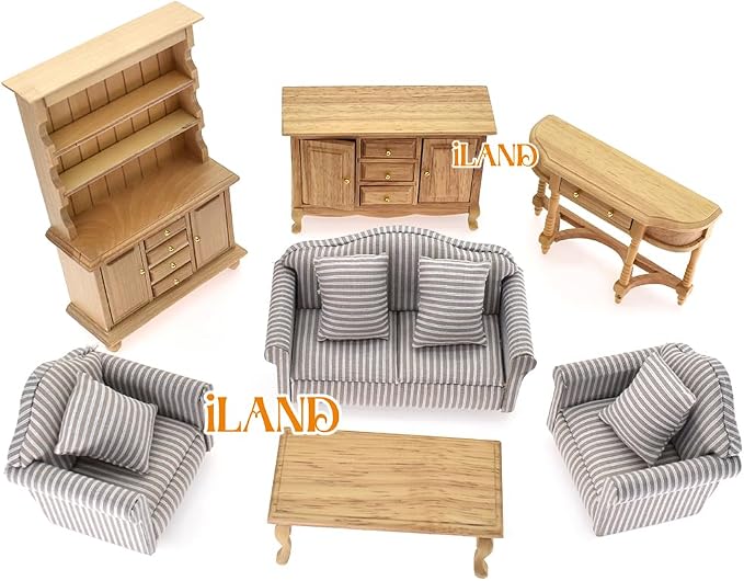 iLAND Miniature Wooden Dollhouse Furniture Set: Sofa, Coffee Table - Image 5