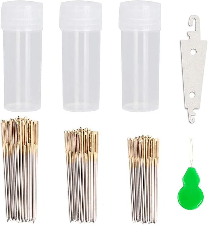 90pcs Cross Stitch Needles +2 Needle Threader Golden Color Large Eyes Cross by JIGEGE