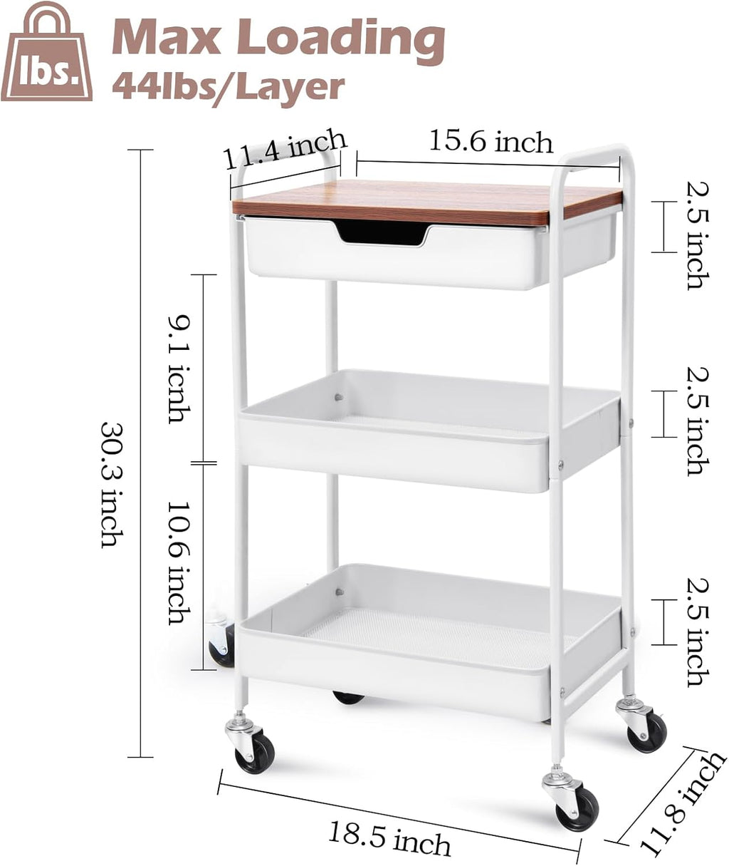 TOOLF 3-Tier Metal Utility Rolling Cart with Drawer & Wooden Table Top, Storage Cart White Trolley Kitchen Organizer Rolling Desk with Locking Wheels for Office, Classroom, Dorm, Bedroom