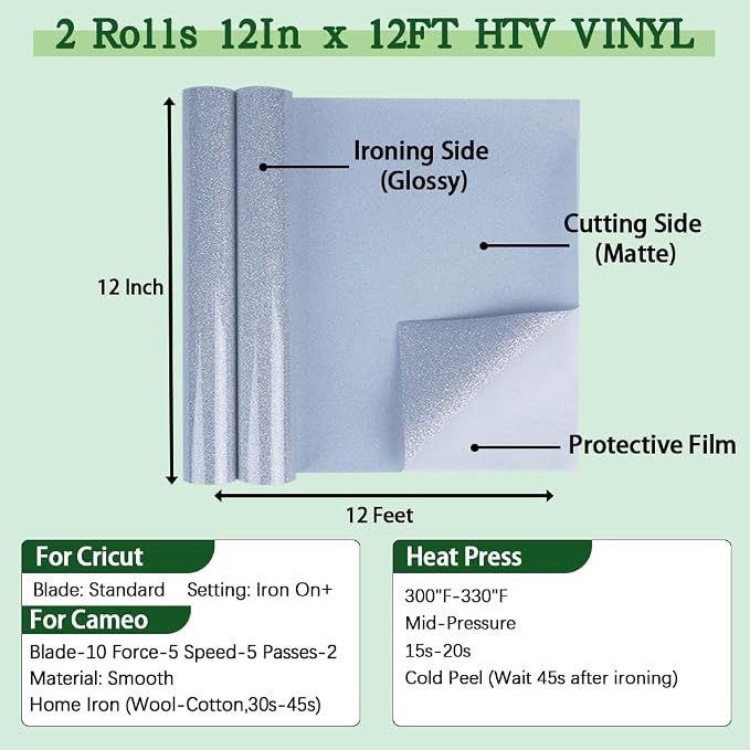 guangyintong Glitter Silver Heat Transfer Vinyl HTV Rolls, 2 Rolls 12" x 12ft - Image 3