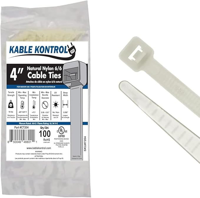 Kable Kontrol Cable Zip Ties Natural White 100 Pcs 4 Inch, 18 Lbs Tensile by KABLEKONTROL%C2%AE