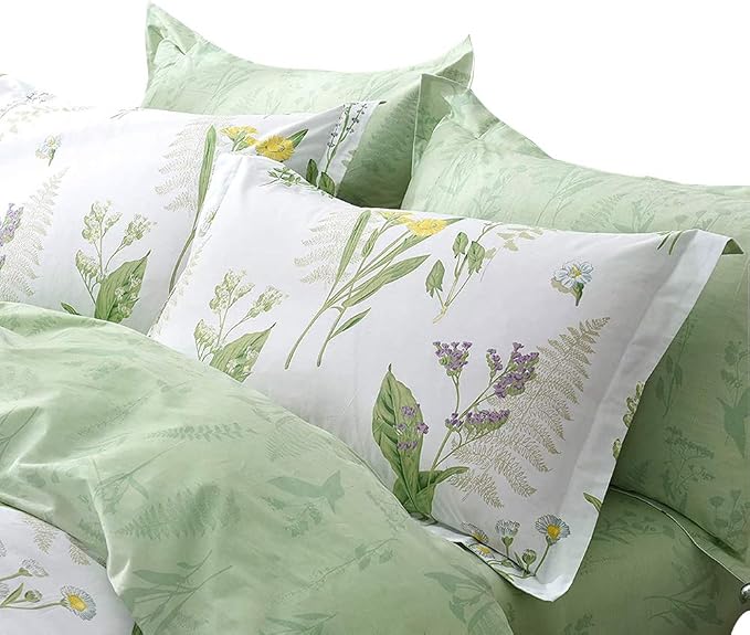 FADFAY Green Leaves Duvet Cover Set Premium 100% Cotton Daisy and Lavender by CottonWorldSweetDream