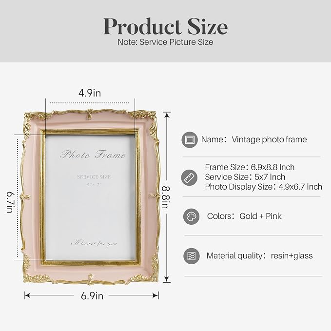 5x7 Pink Picture Frame, Vintage Pink and Gold 5 by 7 Antique Photo Frames - Image 5