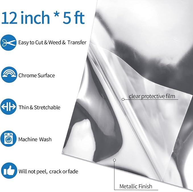 VINYL FROG Silver Metallic Foil Heat Transfer Vinyl 12" x5ft Silver HTV Vinyl - Image 2