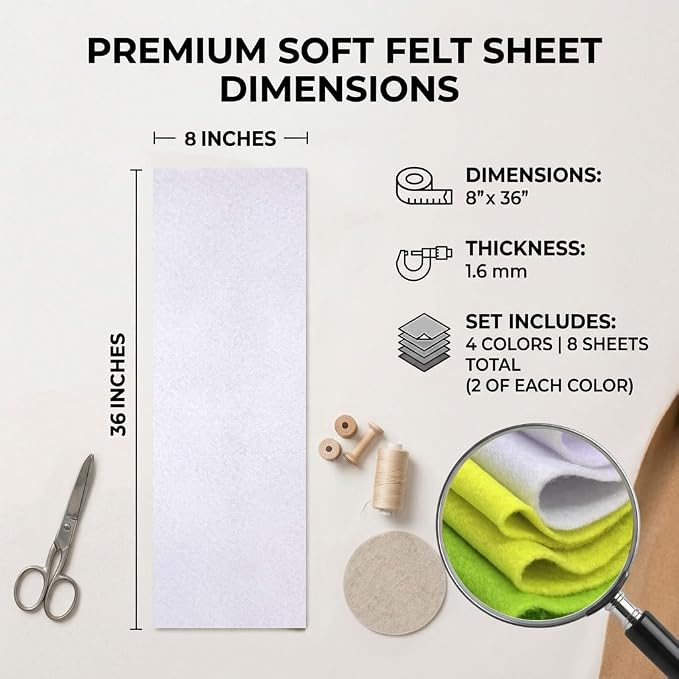 Green Felt Fabric Sheet 8" X 36", 1.6mm Thick 8 Pack 4 Colors Assorted | Soft - Image 2