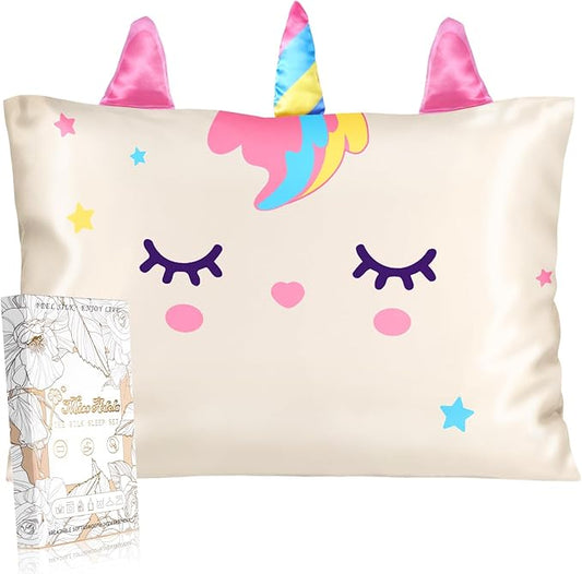 Toddler Pillowcases 13"x18" for Kids - Cute Cartoon Soft Breathable Silk Pillow Cases for Hair and Skin with Hidden Zipper for Girls Fun Kawaii Design for Bedding, White Unicorn